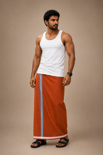 Rust Brown Cotton Blend Single Layer Dhoti With Fancy Border – Daily Wear