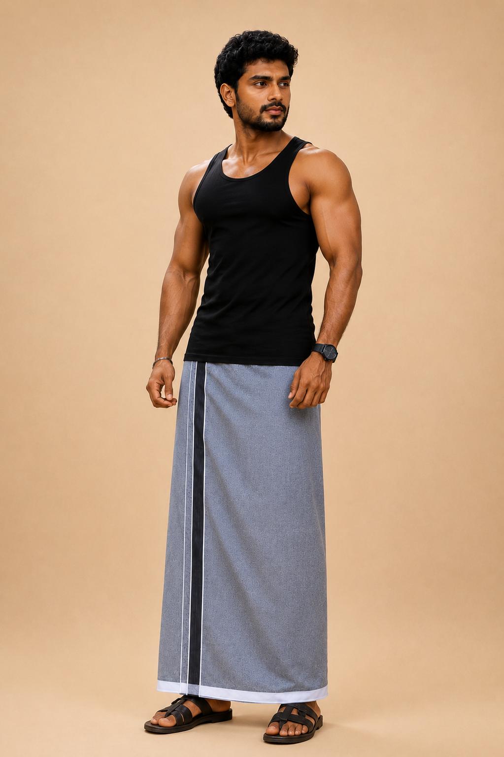 Grey Cotton Blend Single Layer Dhoti With Fancy Border– Daily Wear