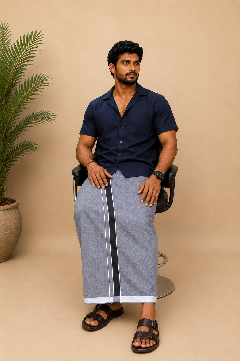 Grey Cotton Blend Single Layer Dhoti With Fancy Border– Daily Wear