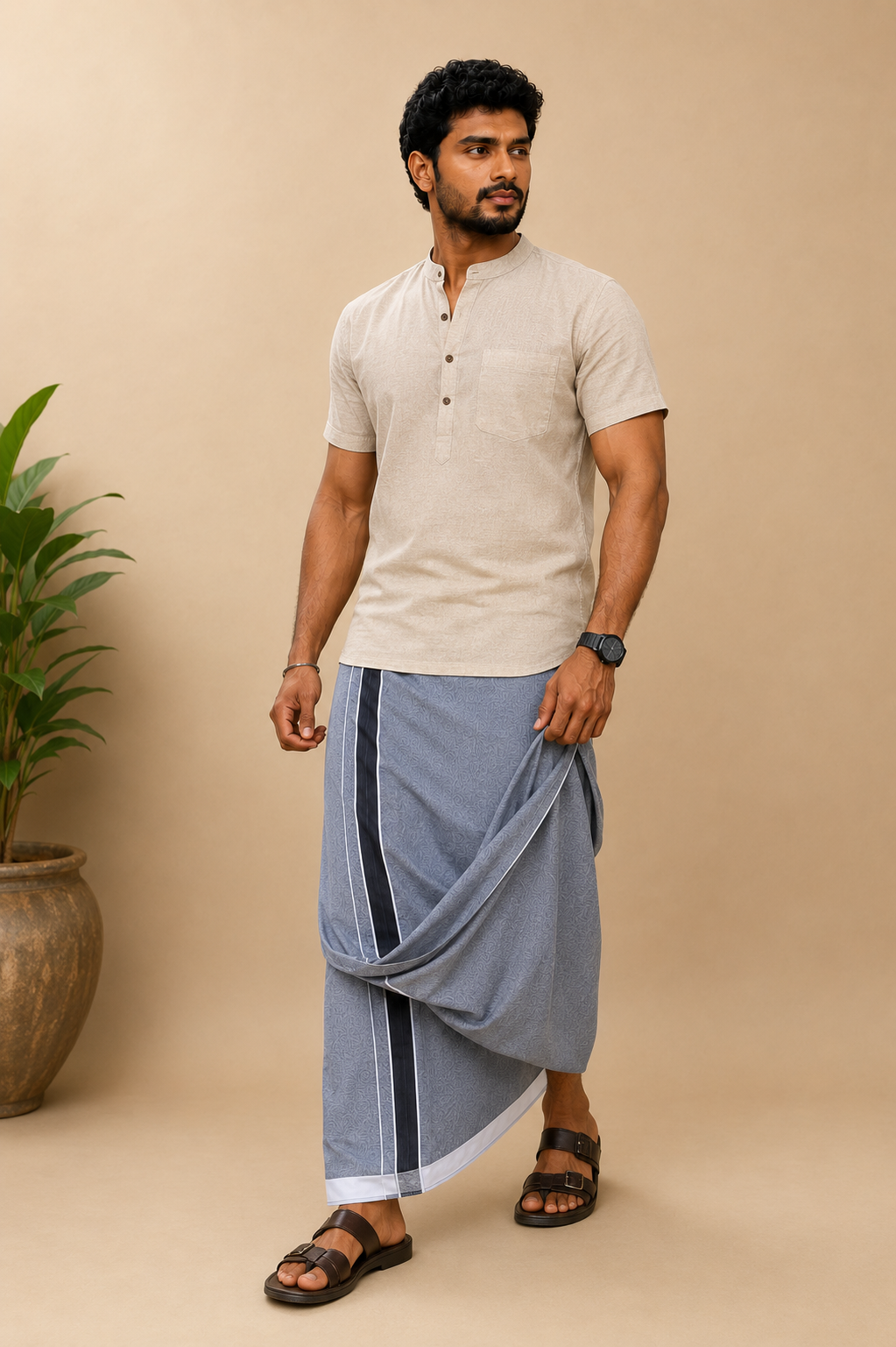 Grey Cotton Blend Single Layer Dhoti With Fancy Border– Daily Wear