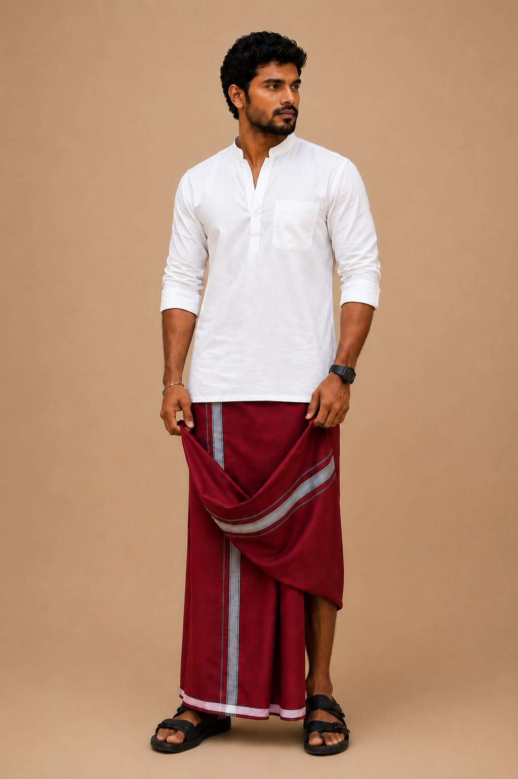 Maroon Cotton-Blend Single Layer Dhoti With Fancy Border– Daily Wear
