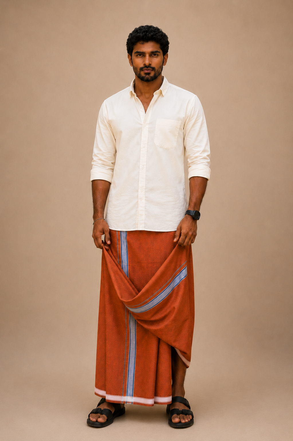 Rust Brown Cotton Blend Single Layer Dhoti With Fancy Border – Daily Wear