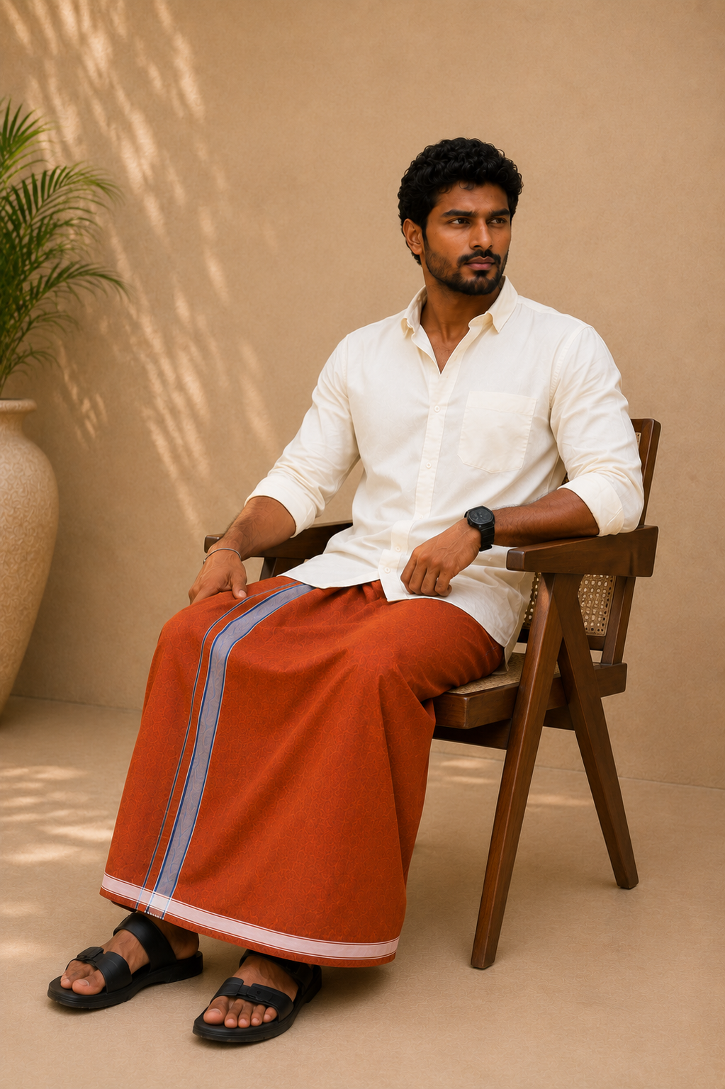 Rust Brown Cotton Blend Single Layer Dhoti With Fancy Border – Daily Wear