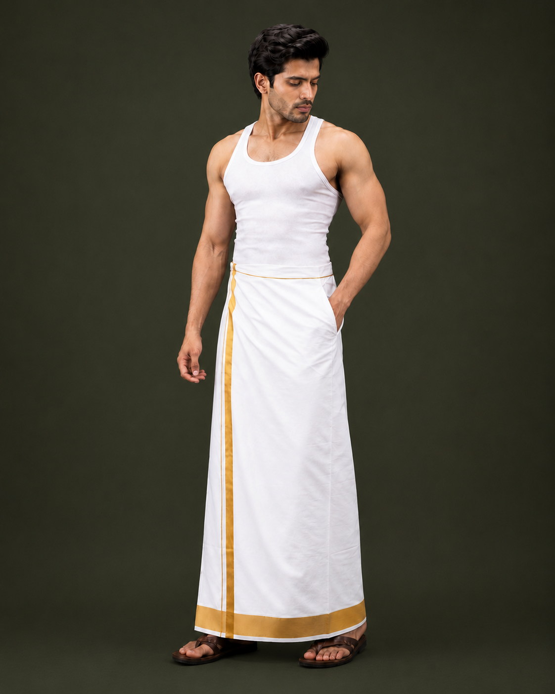 White 2 Inch Gold Jari Border Velcro Dhoti with Pocket