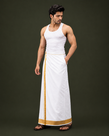 White 2 Inch Gold Jari Border Velcro Dhoti with Pocket