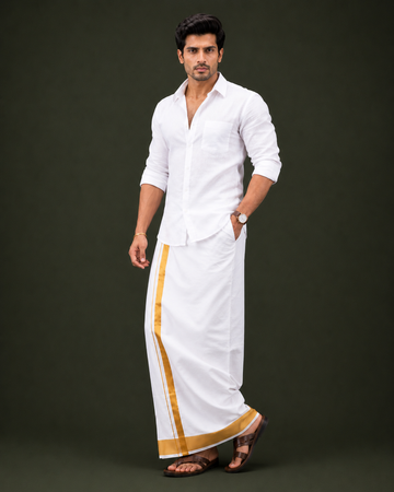 Pure Cotton White Shirt with Gold Jari Border Velcro Dhoti Combo