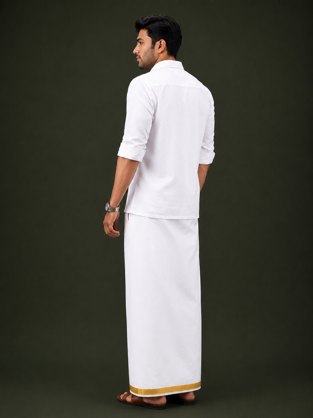 Pure Cotton White Shirt with Gold Jari Border Velcro Dhoti Combo