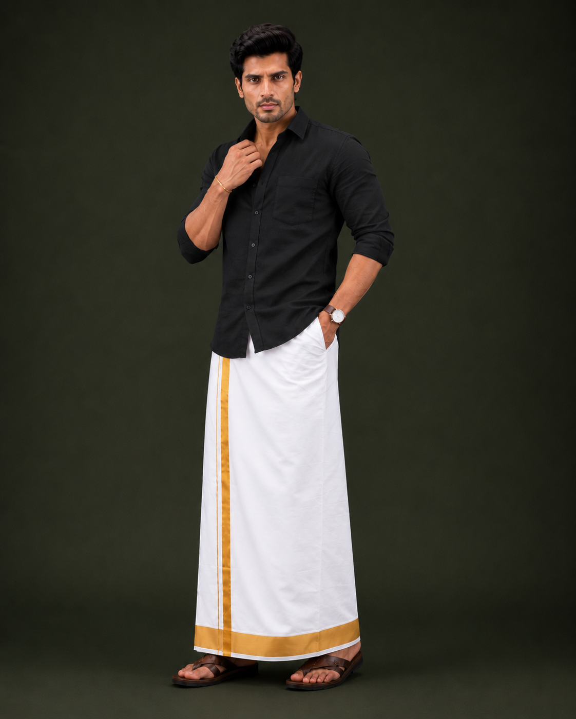 Pure Cotton Black Shirt with White Gold Jari Border Velcro Dhoti Combo