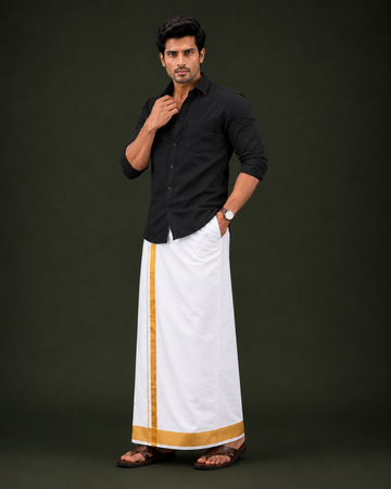 Pure Cotton Black Shirt with White Gold Jari Border Velcro Dhoti Combo