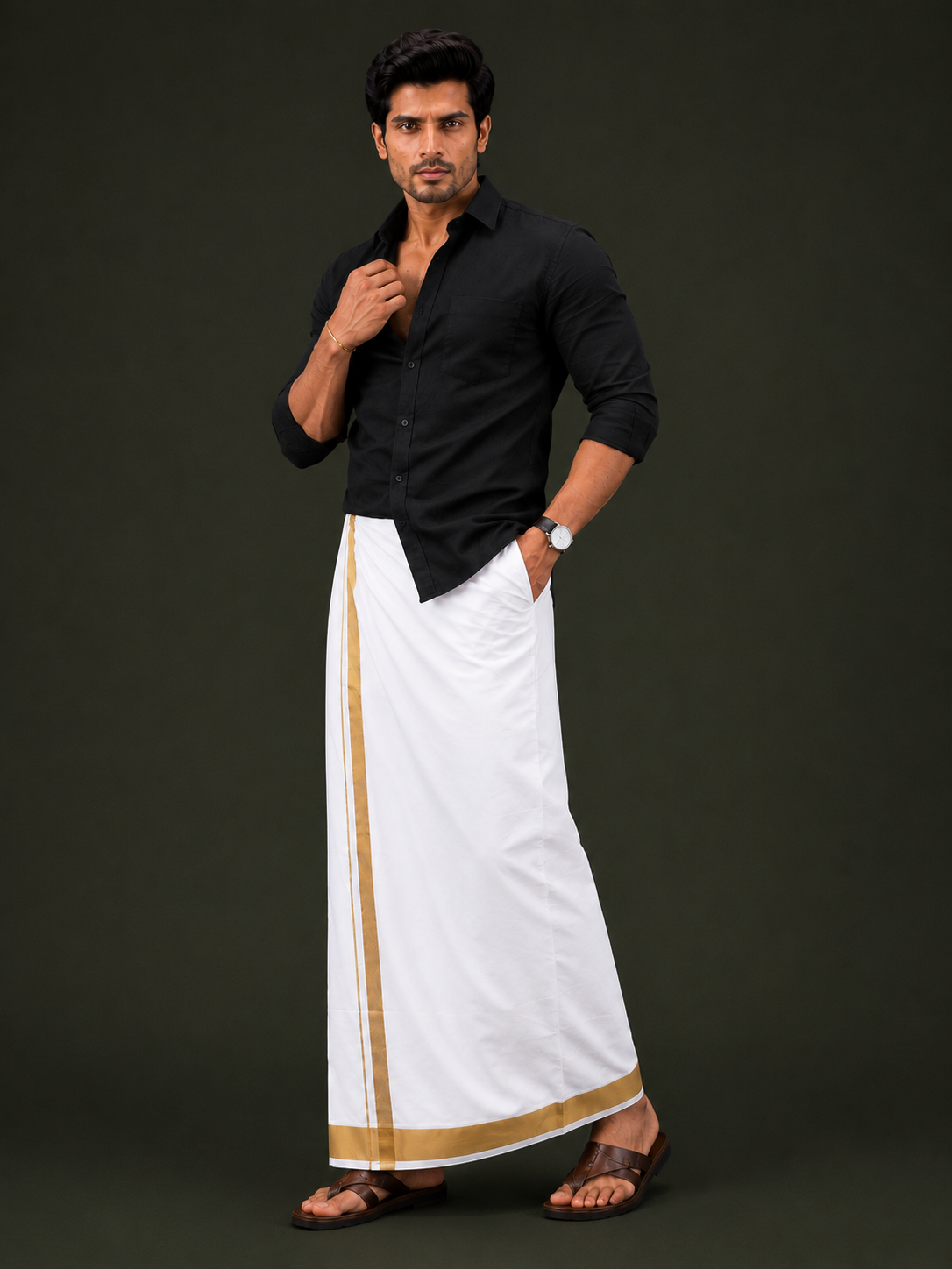 White 1 Inch Gold Jari Border Velcro Dhoti with Pocket
