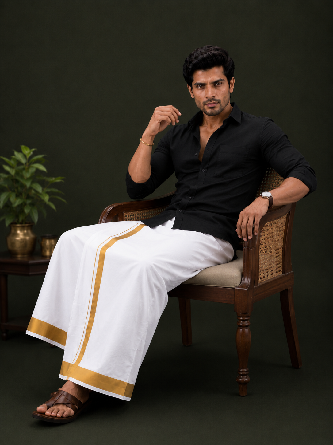 Pure Cotton Black Shirt with White Gold Jari Border Velcro Dhoti Combo