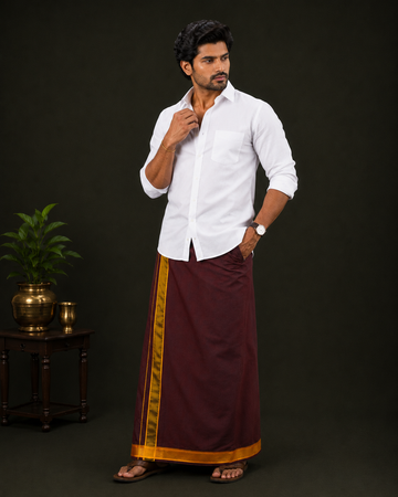 Pure Cotton White Shirt with Maroon Fancy Border Velcro Dhoti Combo