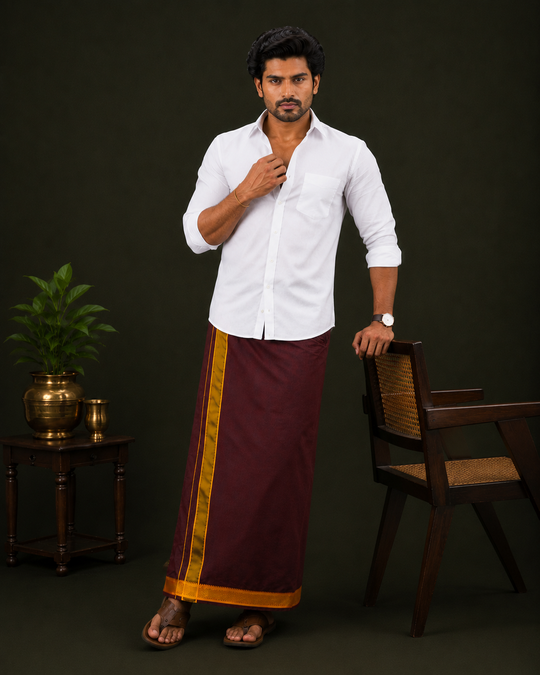 Pure Cotton White Shirt with Maroon Fancy Border Velcro Dhoti Combo