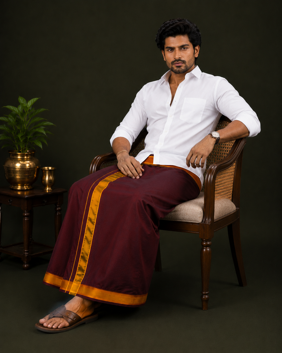 Pure Cotton White Shirt with Maroon Fancy Border Velcro Dhoti Combo