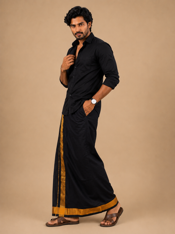 Pure Cotton Black Shirt with Black Fancy Border Velcro Dhoti Combo