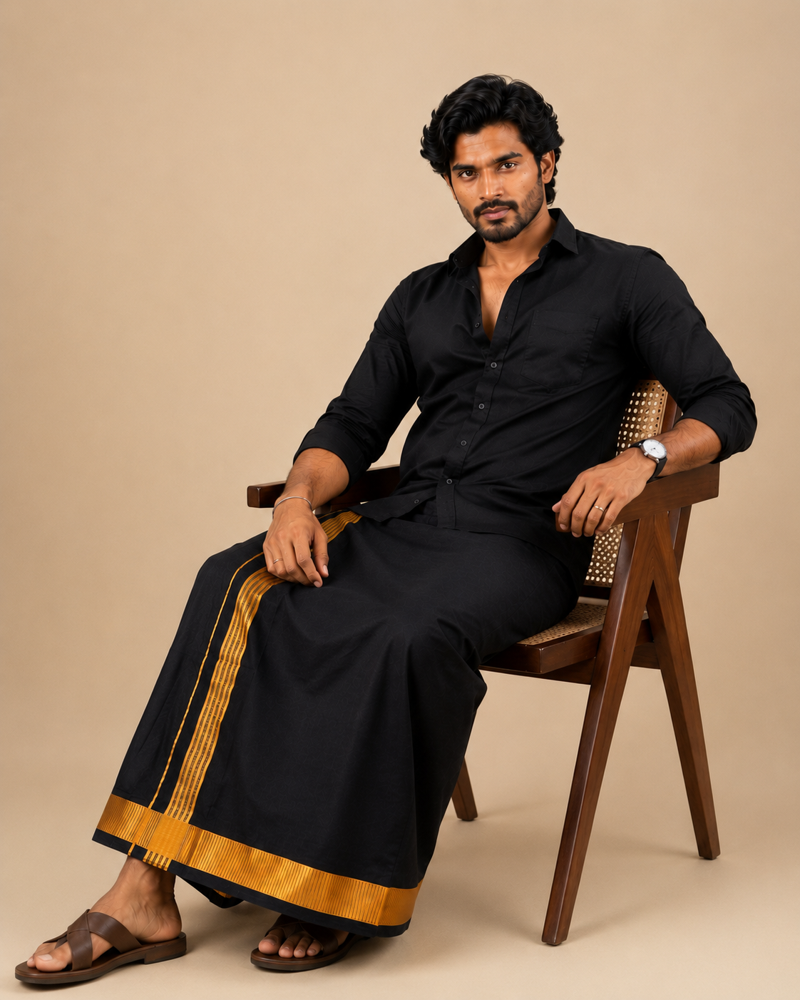 Pure Cotton Black Shirt with Black Fancy Border Velcro Dhoti Combo