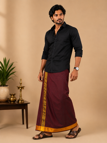Pure Cotton Black Shirt with Maroon Fancy Border Velcro Dhoti Combo