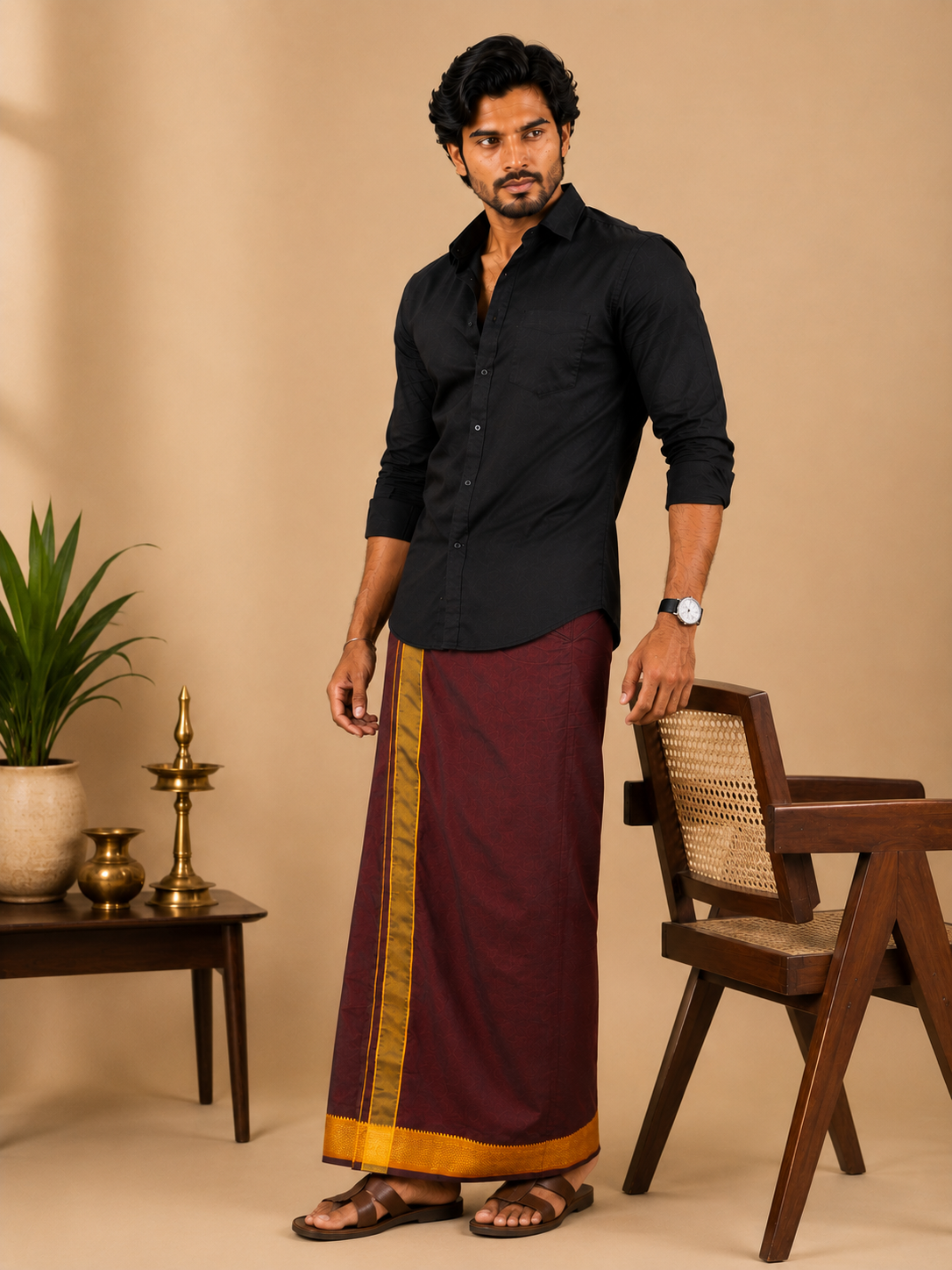 Pure Cotton Black Shirt with Maroon Fancy Border Velcro Dhoti Combo