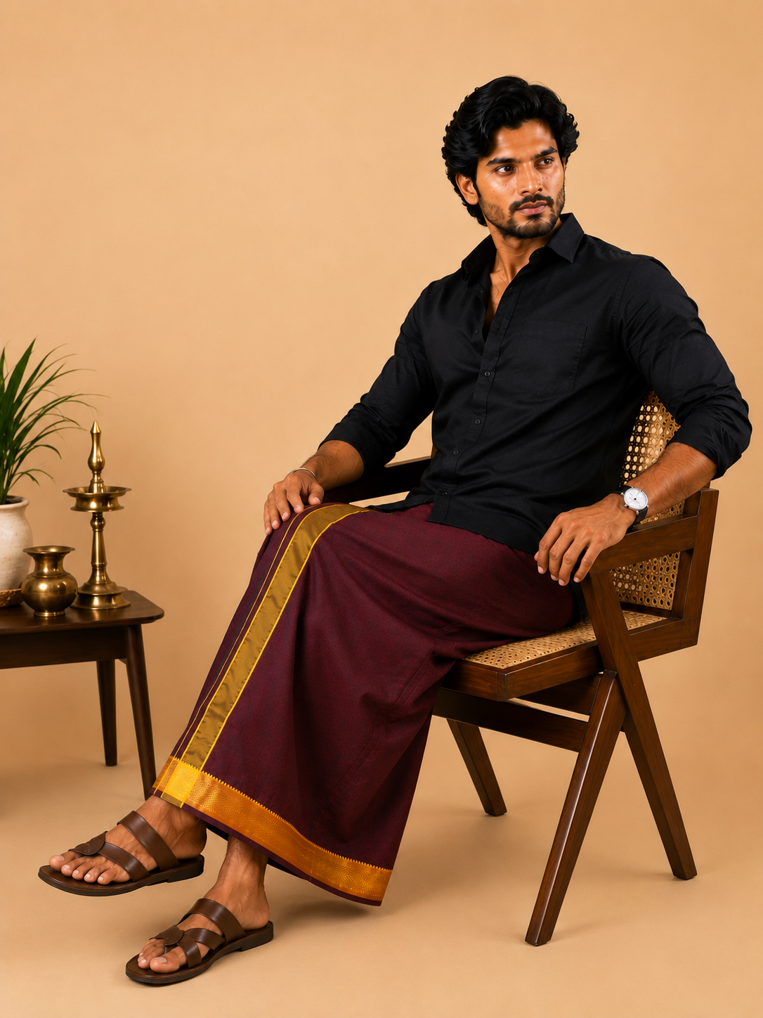 Pure Cotton Black Shirt with Maroon Fancy Border Velcro Dhoti Combo