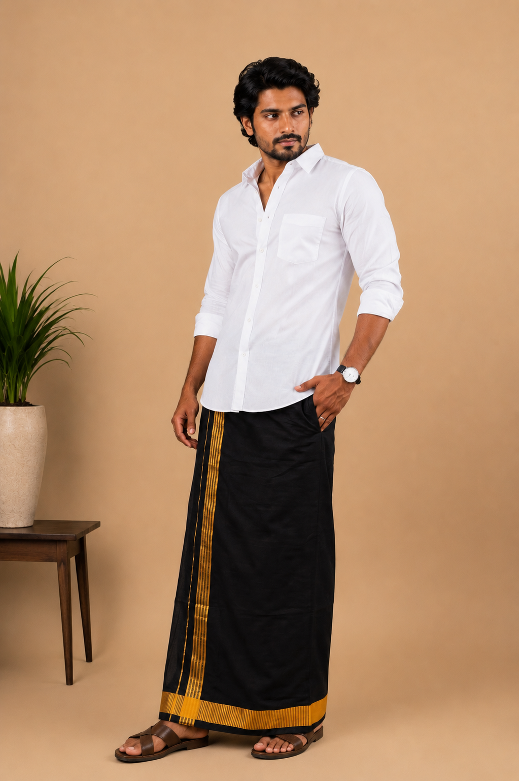 Pure Cotton White Shirt with Black Fancy Border Velcro Dhoti Combo