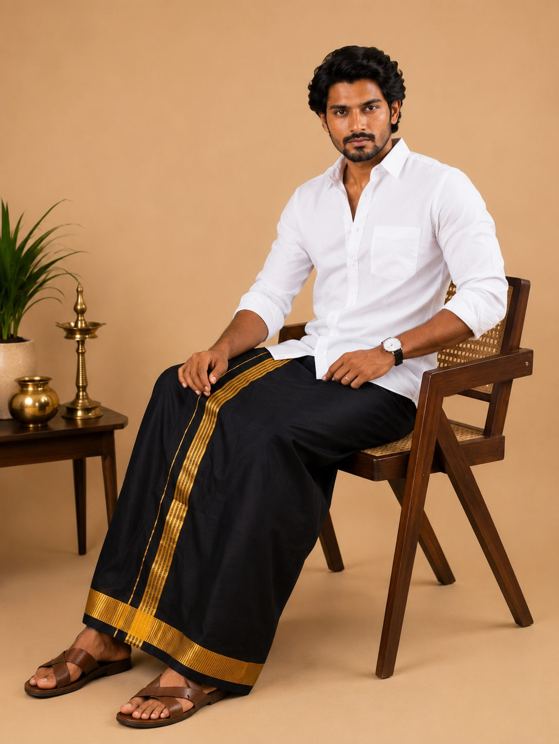 Pure Cotton White Shirt with Black Fancy Border Velcro Dhoti Combo