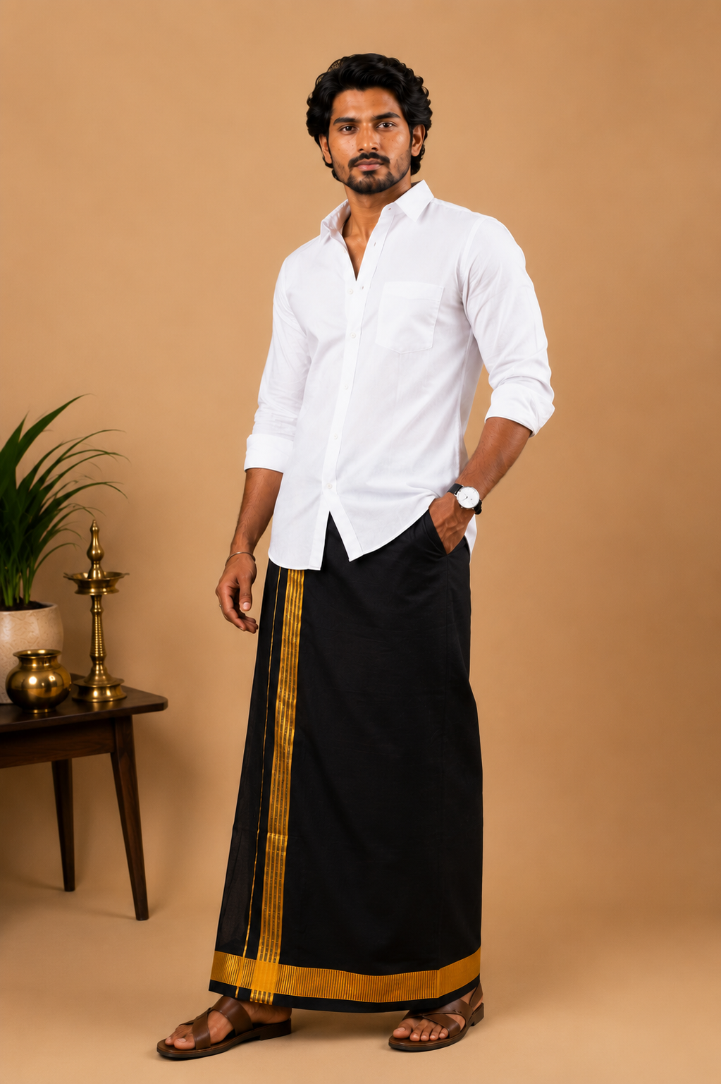 Pure Cotton White Shirt with Black Fancy Border Velcro Dhoti Combo