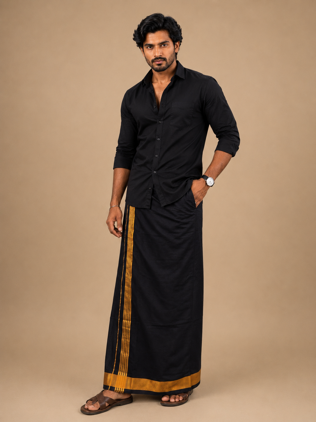 Pure Cotton Black Shirt with Black Fancy Border Velcro Dhoti Combo
