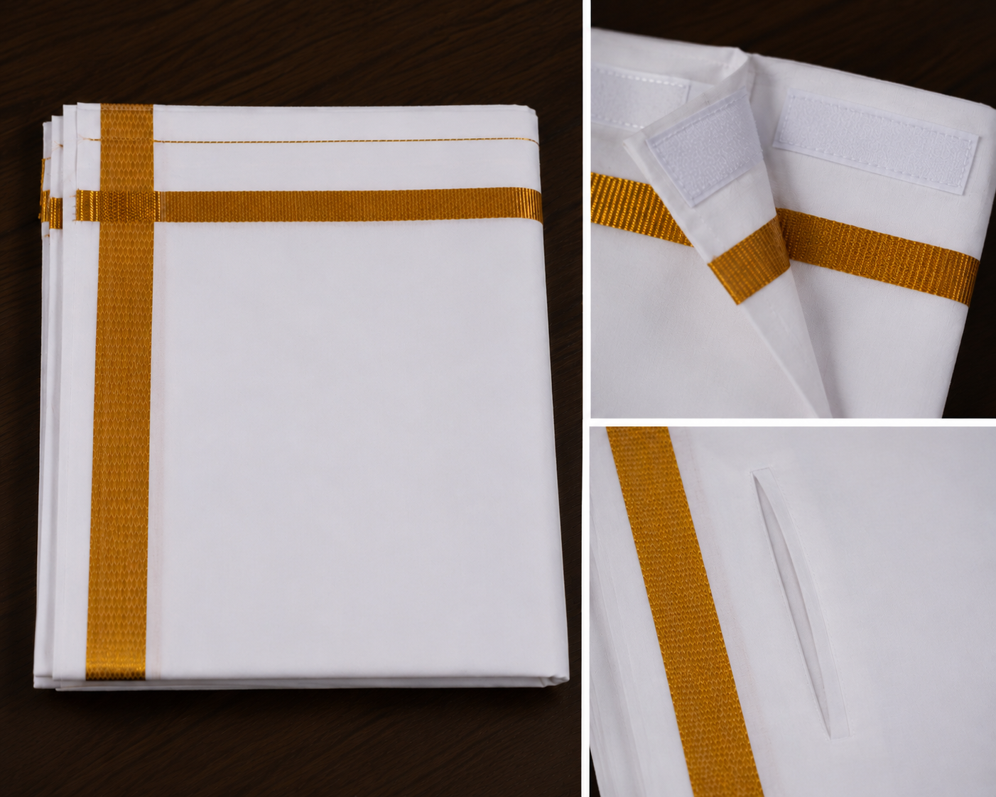 White 1 Inch Gold Jari Border Velcro Dhoti with Pocket