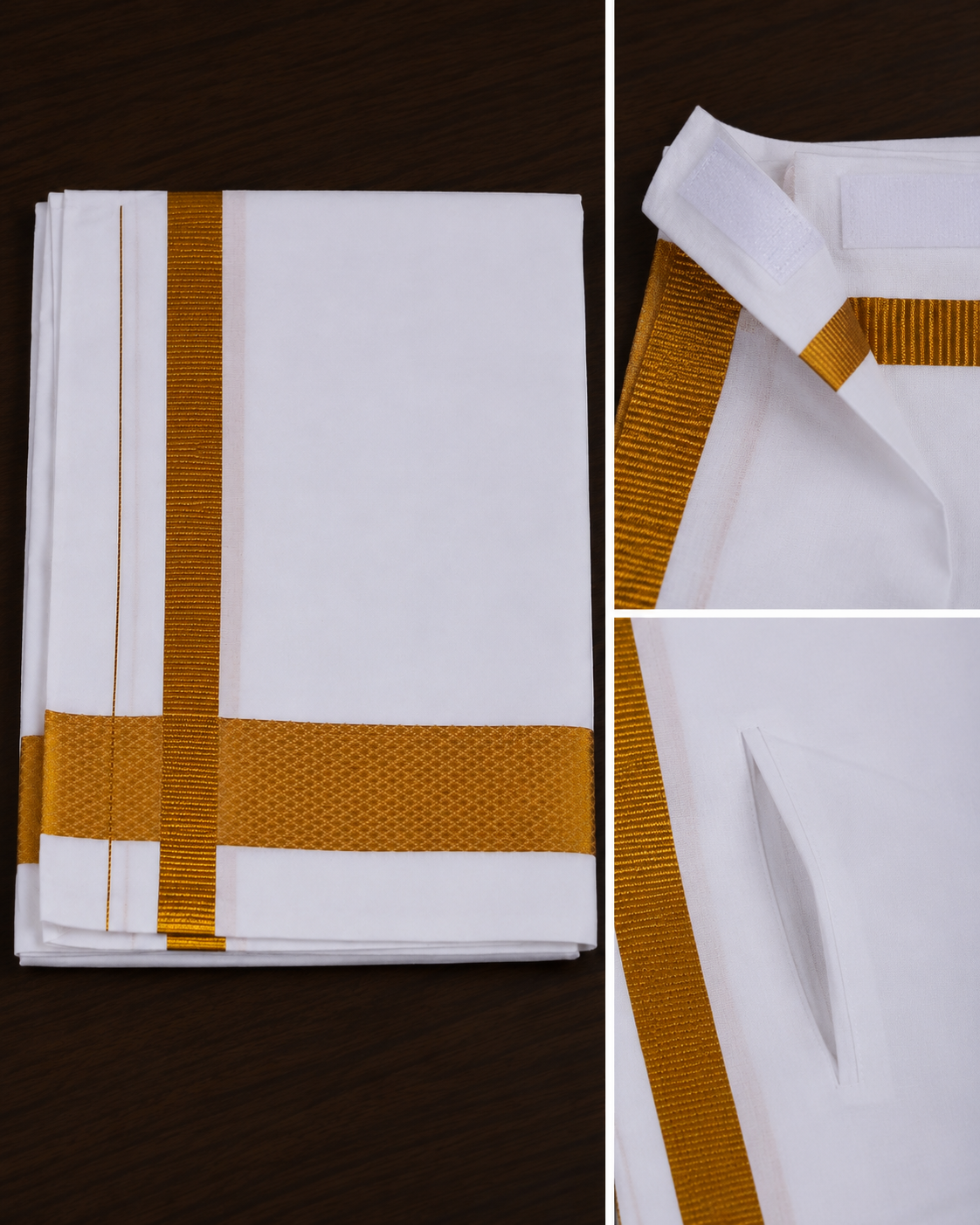 White 2 Inch Gold Jari Border Velcro Dhoti with Pocket