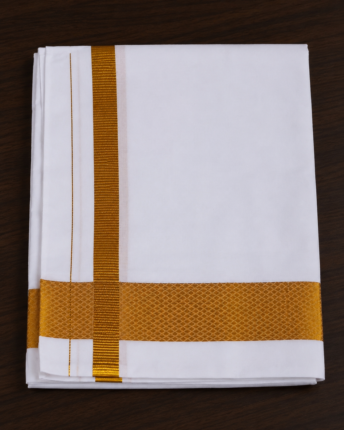 White 2 Inch Gold Jari Border Velcro Dhoti with Pocket