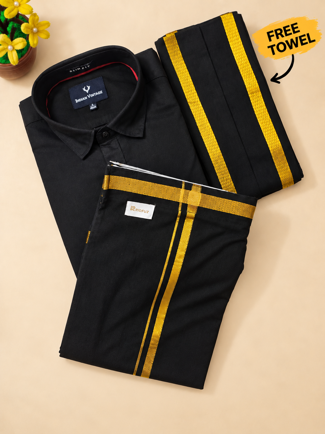 Black Shirt With Black Jari Border Velcro Dhoti & Matching Towel Combo