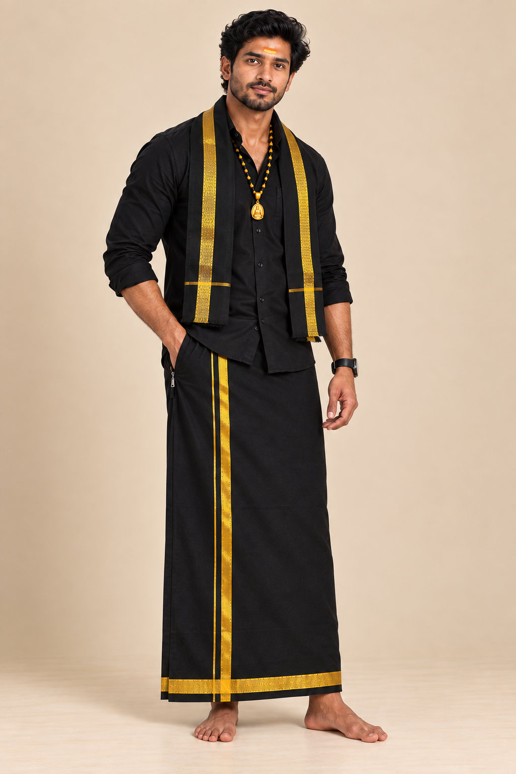 Black Shirt With Black Jari Border Velcro Dhoti & Matching Towel Combo