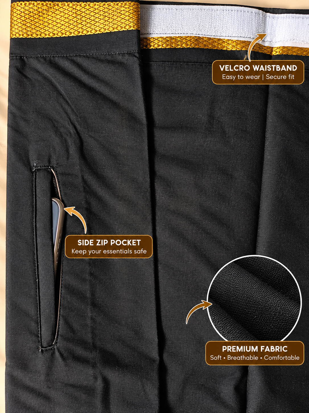 Black Shirt With Black Jari Border Velcro Dhoti & Matching Towel Combo