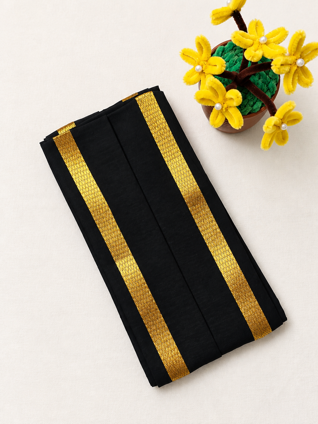 Black T-Shirt With Elastic Dhoti & Jari Towel