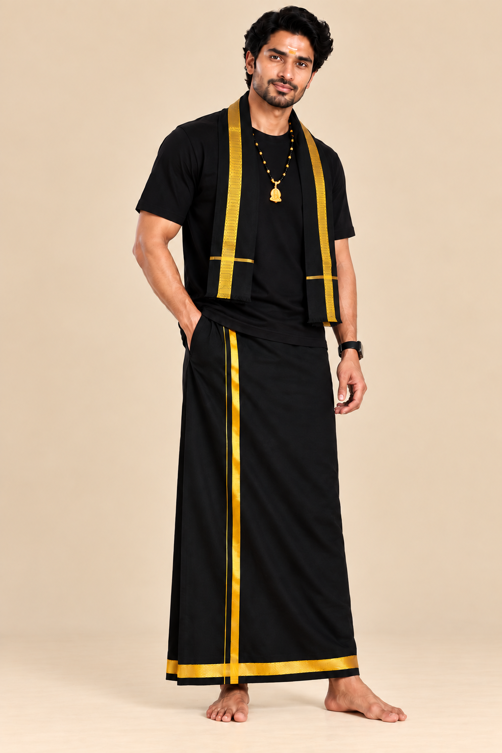 Black T-Shirt With Elastic Dhoti & Jari Towel