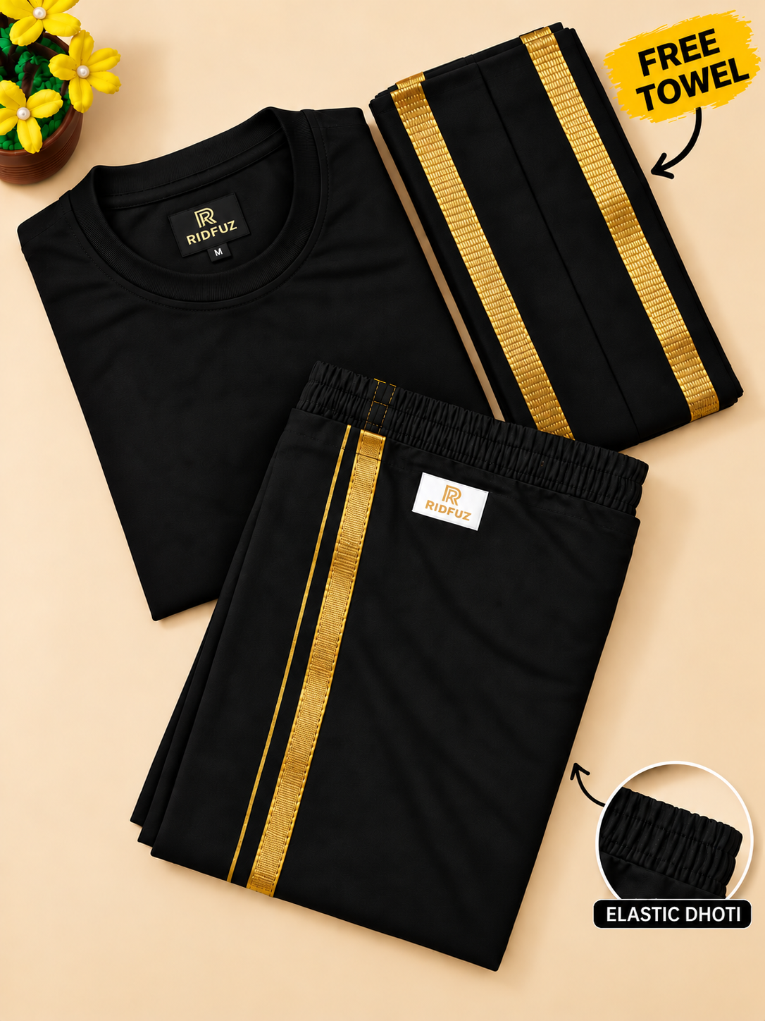 Black T-Shirt With Elastic Dhoti & Jari Towel