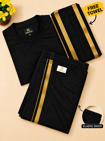 Black T-Shirt With Elastic Dhoti & Jari Towel