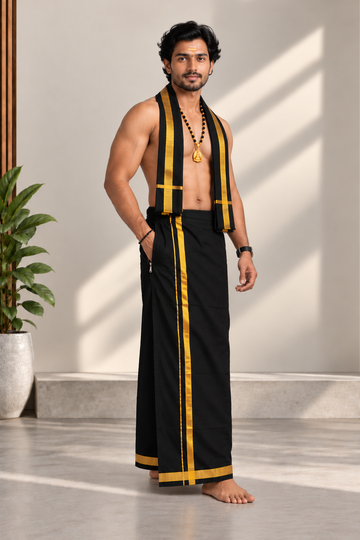 Black Elastic Dhoti and Towel Set