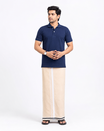 Navy Blue T-Shirt & Sandal Colour Cotton Dhoti Combo for Men | Thalapathy Border| Single Layer | Comfortable Dhoti Set