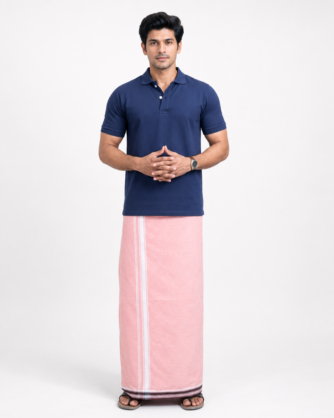 Navy Blue T-Shirt & Peach Colour Cotton Dhoti Combo for Men | Thalapathy Border| Single Layer | Comfortable Dhoti Set