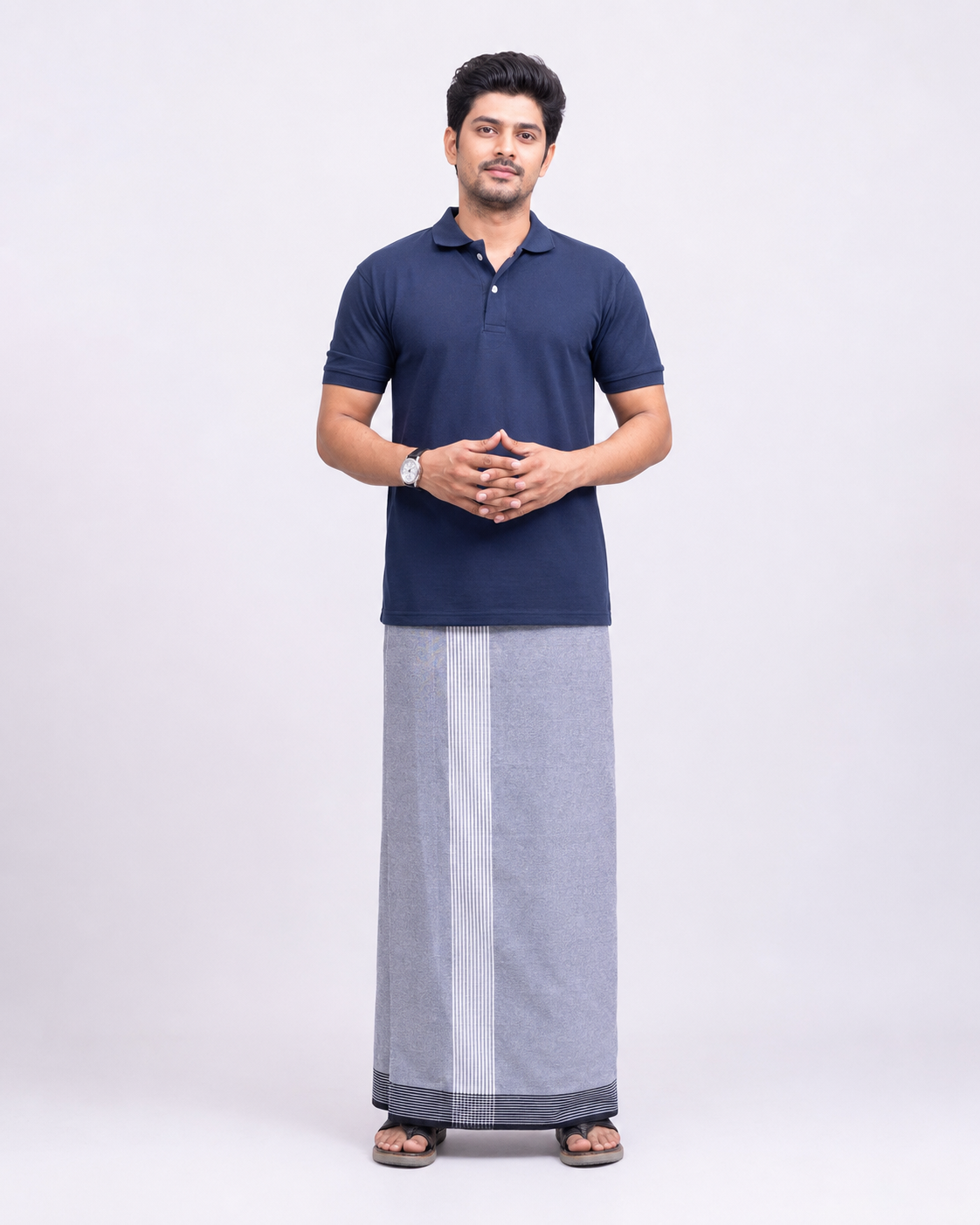 Navy Blue Polo Collar T-Shirt with Silver Vari Kara Dhoti Combo | Men's Cotton Dhoti Set | Single Layer