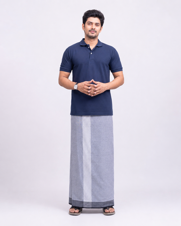 Navy Blue Polo Collar T-Shirt with Silver Vari Kara Dhoti Combo | Men's Cotton Dhoti Set | Single Layer
