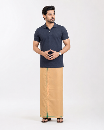 RIDFUZ Sandal Kambi Kara Dhoti + Dark Grey Polo Set