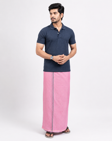 RIDFUZ Rose Pink Kambi Kara Dhoti + Dark Grey Polo Set