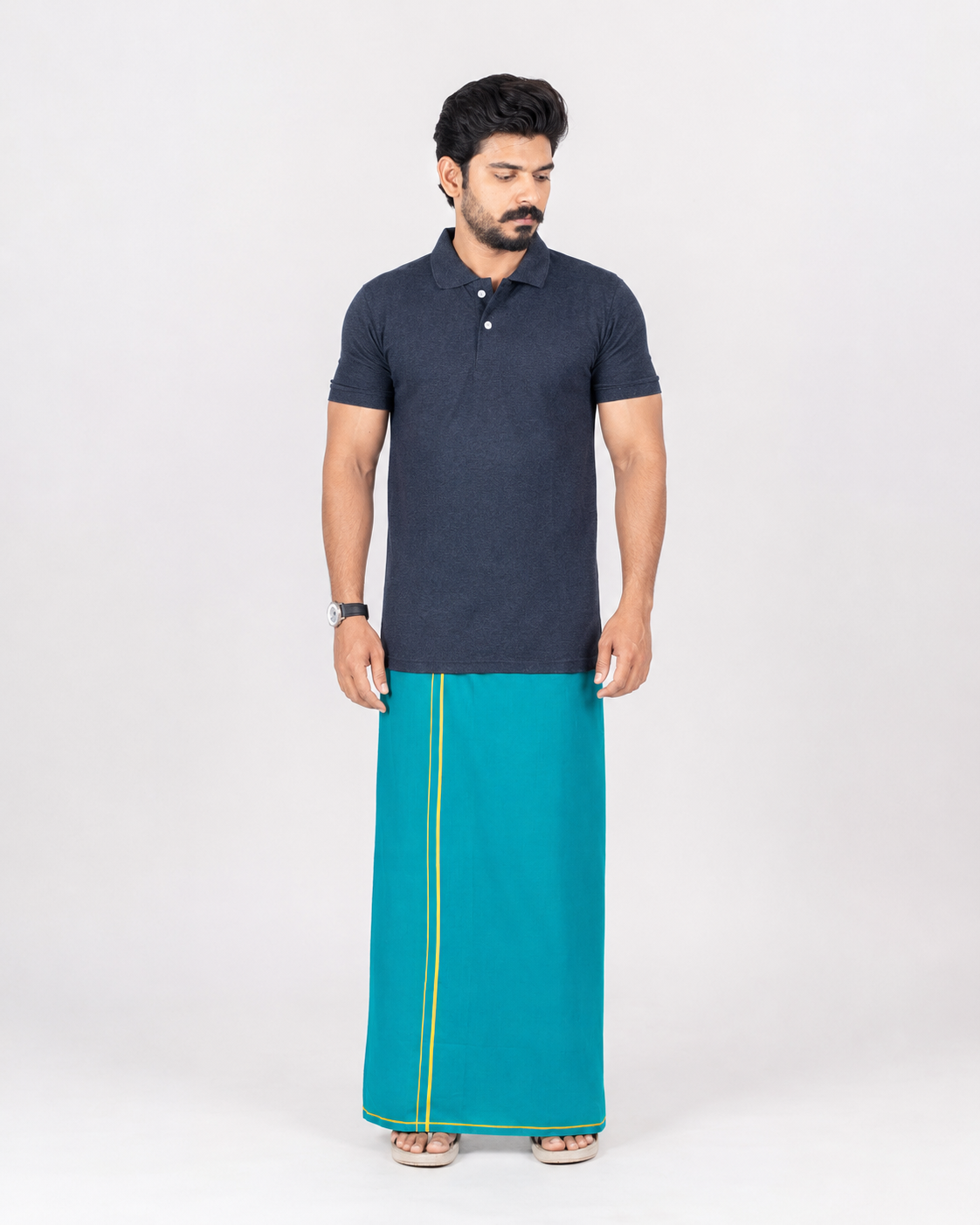 RIDFUZ Green Kambi Kara Dhoti + Dark Grey Polo Set