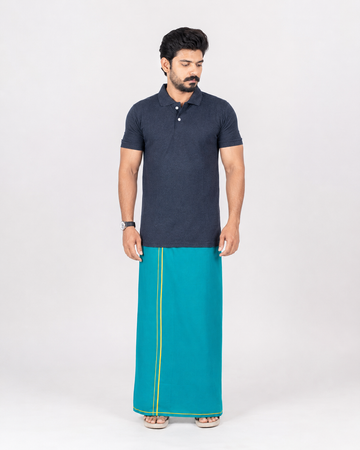 RIDFUZ Green Kambi Kara Dhoti + Dark Grey Polo Set