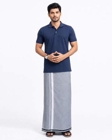 Navy Blue T-Shirt & Ash Grey Cotton Dhoti Combo for Men | Thalapathy Border| Single Layer | Comfortable Dhoti Set