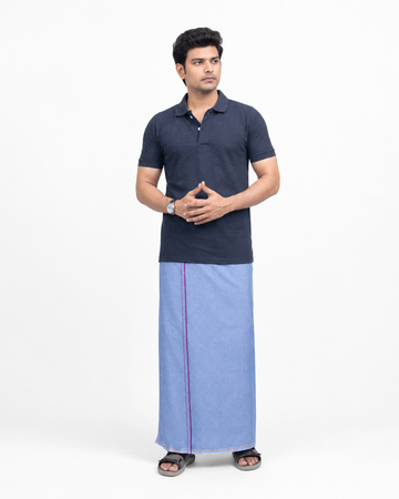 RIDFUZ Sky Blue Kambi Kara Dhoti + Dark Grey Polo Set