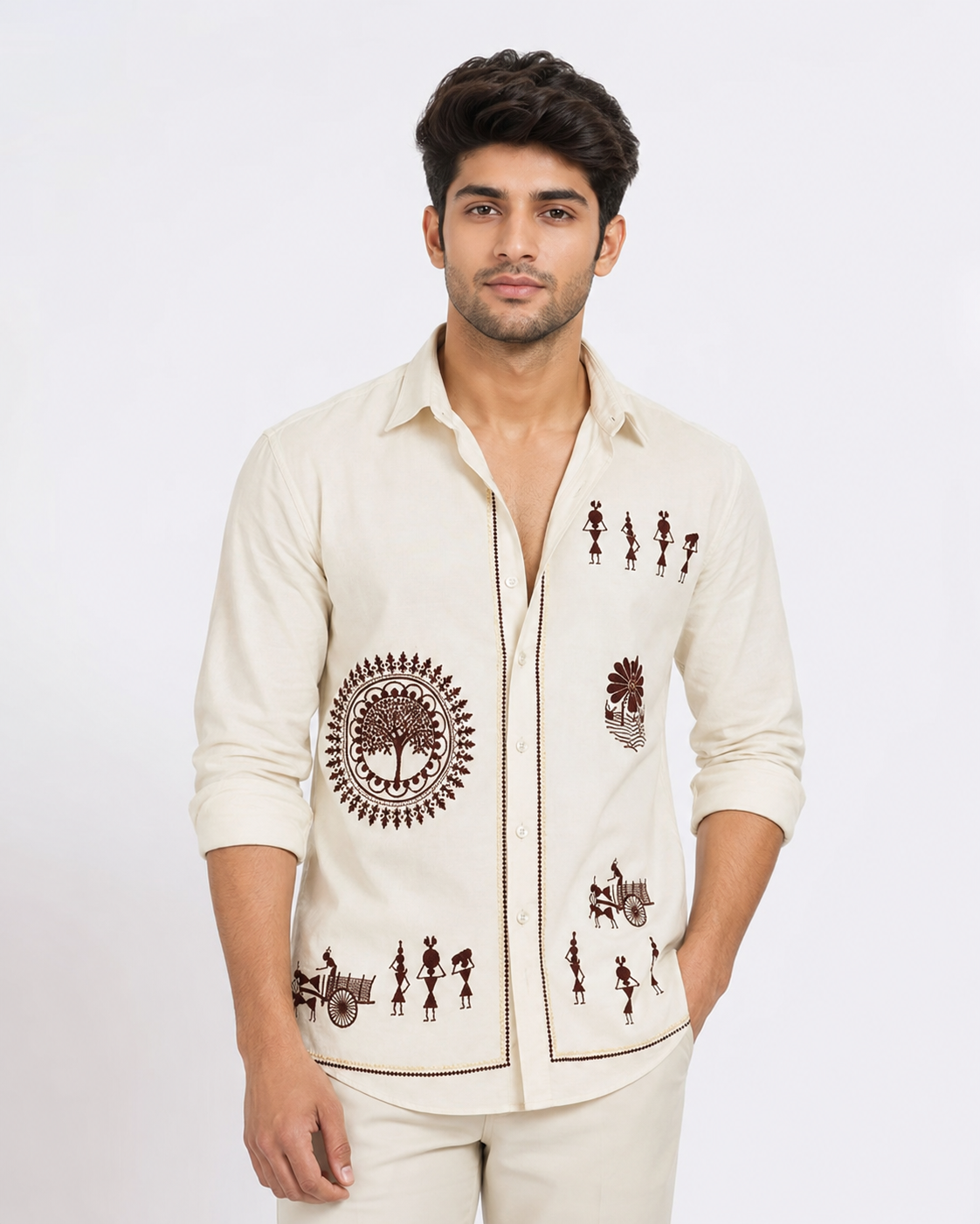 Men's Cotton Blend Cult Warli Art Printed Casual Shirt
