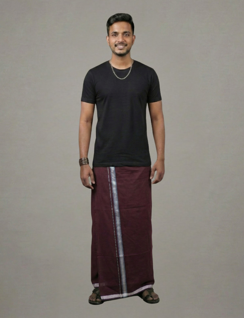 Black T-Shirt + Deep Maroon Colour Veshti Combo | Daily Wear South Indian Style Set for Men